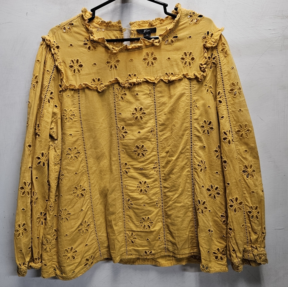 J. Crew Ruffleneck Eyelet Top Shirt Medium Golden Mustard Yellow Floral